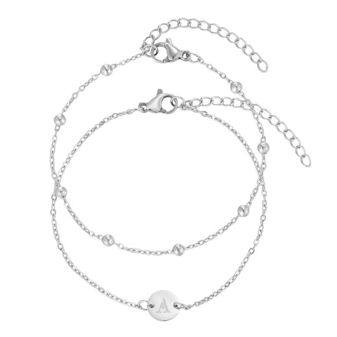 Tarnish Resistant Silver Initial Engraved and Paperclip Chain Set of 2 Bracelets