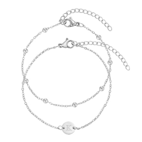 Tarnish Resistant Silver Initial Engraved and Paperclip Chain Set of 2 Bracelets