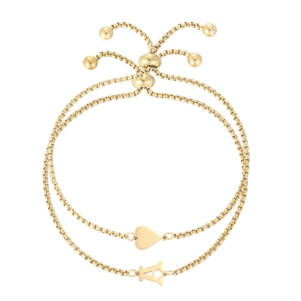 Tarnish Resistant 18k Gold Plated Sideways Heart and Initial Set of 2 Bracelets