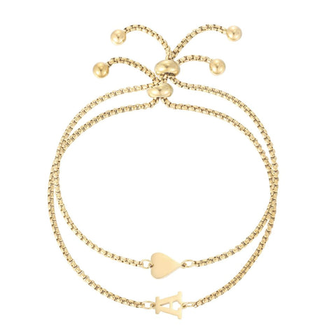Tarnish Resistant 18k Gold Plated Sideways Heart and Initial Set of 2 Bracelets