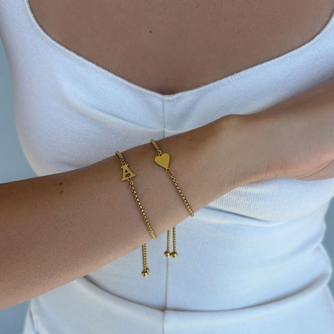 Tarnish Resistant 18k Gold Plated Sideways Heart and Initial Set of 2 Bracelets