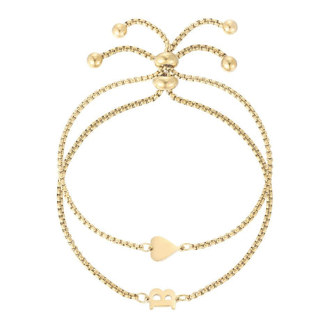 Tarnish Resistant 18k Gold Plated Sideways Heart and Initial Set of 2 Bracelets