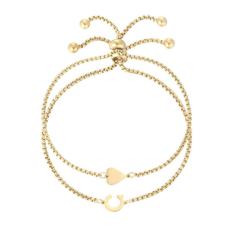 Tarnish Resistant 18k Gold Plated Sideways Heart and Initial Set of 2 Bracelets