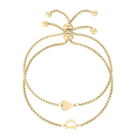 Tarnish Resistant 18k Gold Plated Sideways Heart and Initial Set of 2 Bracelets