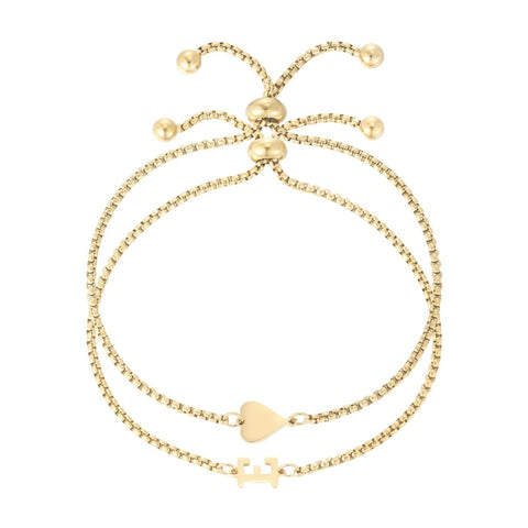 Tarnish Resistant 18k Gold Plated Sideways Heart and Initial Set of 2 Bracelets