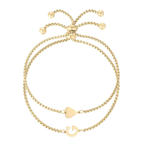 Tarnish Resistant 18k Gold Plated Sideways Heart and Initial Set of 2 Bracelets