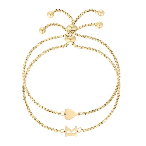 Tarnish Resistant 18k Gold Plated Sideways Heart and Initial Set of 2 Bracelets