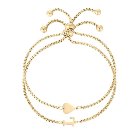 Tarnish Resistant 18k Gold Plated Sideways Heart and Initial Set of 2 Bracelets
