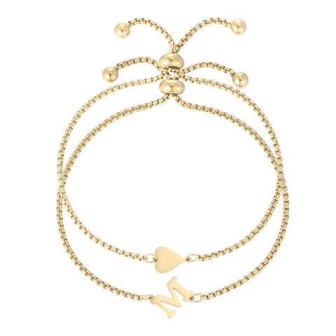 Tarnish Resistant 18k Gold Plated Sideways Heart and Initial Set of 2 Bracelets