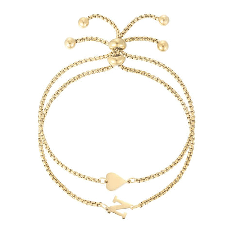 Tarnish Resistant 18k Gold Plated Sideways Heart and Initial Set of 2 Bracelets