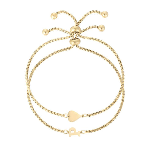 Tarnish Resistant 18k Gold Plated Sideways Heart and Initial Set of 2 Bracelets