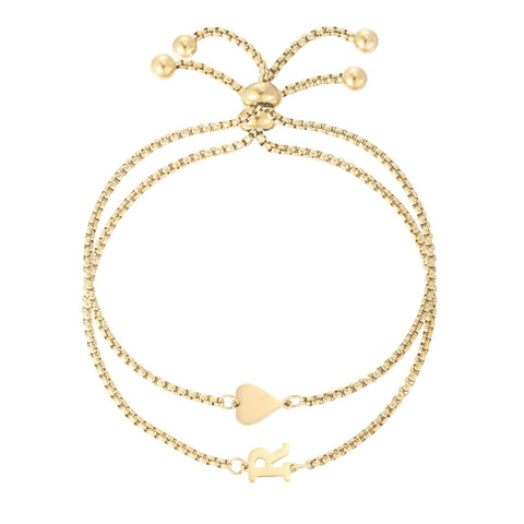 Tarnish Resistant 18k Gold Plated Sideways Heart and Initial Set of 2 Bracelets