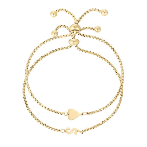 Tarnish Resistant 18k Gold Plated Sideways Heart and Initial Set of 2 Bracelets