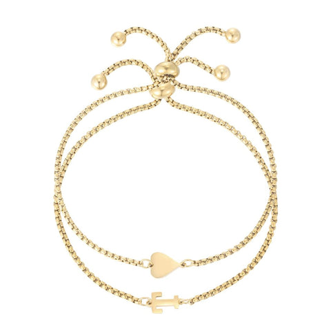 Tarnish Resistant 18k Gold Plated Sideways Heart and Initial Set of 2 Bracelets