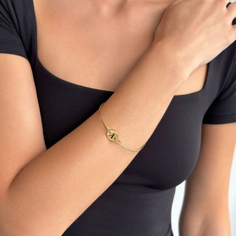 Tarnish Resistant 18k Gold Plated Engraved Initial Disc Cuff Bracelet