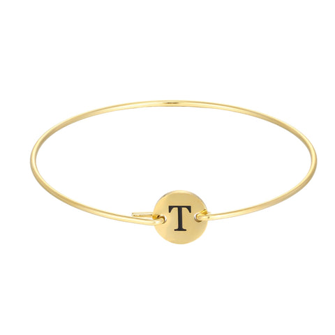 Tarnish Resistant 18k Gold Plated Engraved Initial Disc Cuff Bracelet