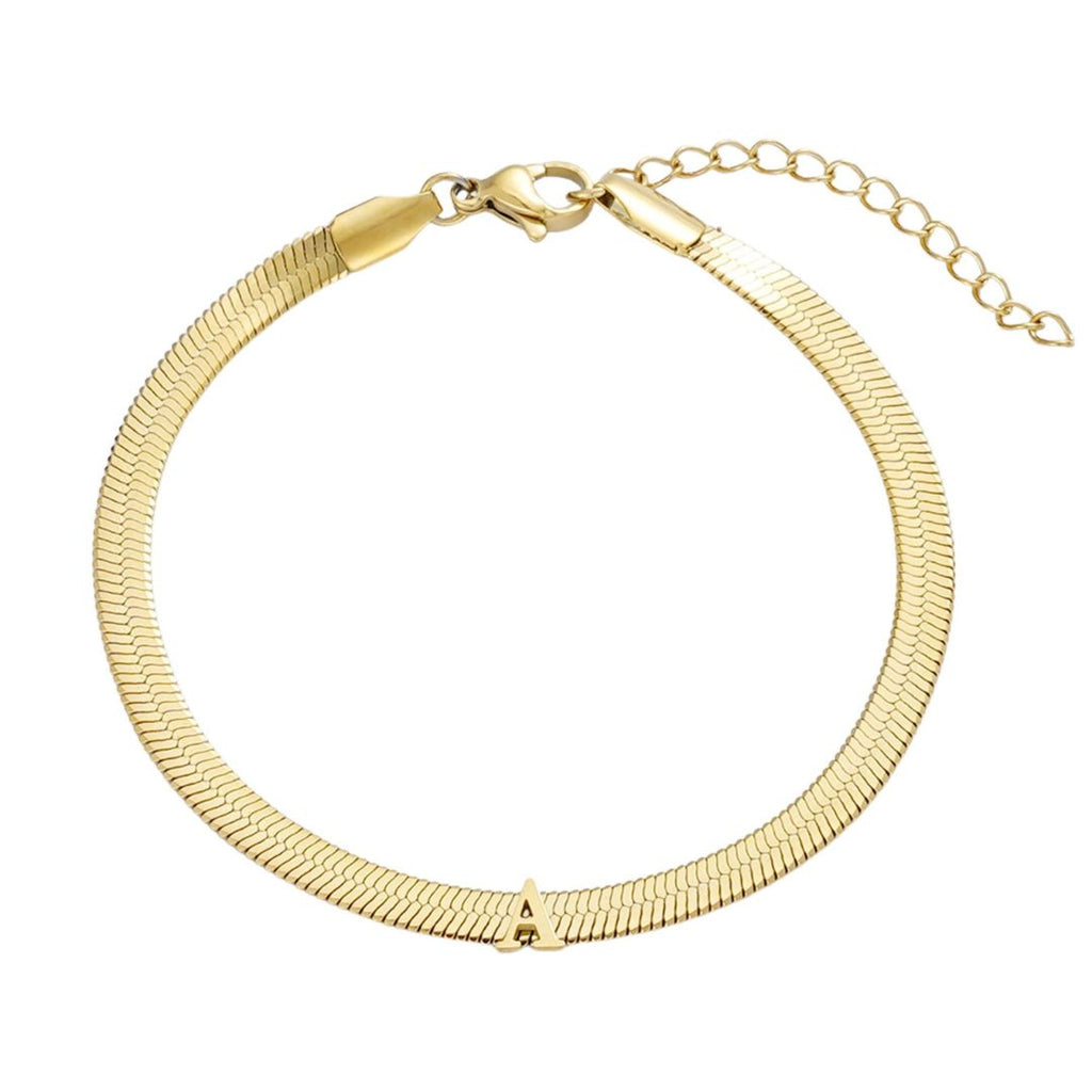 Tarnish Resistant 18k Gold Plated Initial Herringbone Chain Bracelet