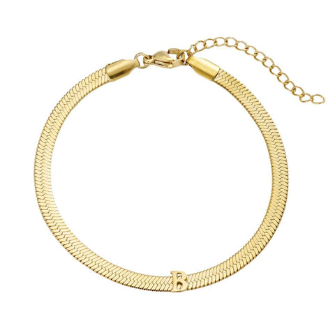 Tarnish Resistant 18k Gold Plated Initial Herringbone Chain Bracelet