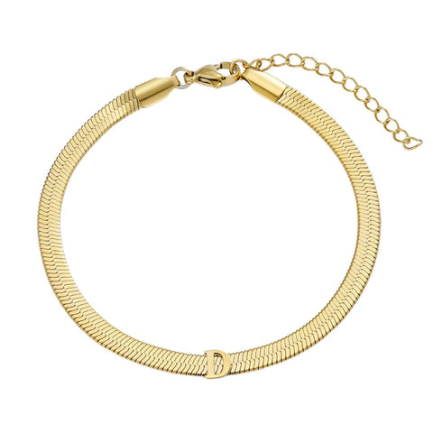 Tarnish Resistant 18k Gold Plated Initial Herringbone Chain Bracelet