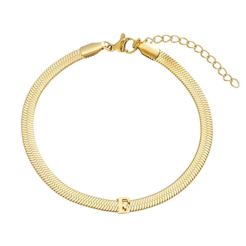 Tarnish Resistant 18k Gold Plated Initial Herringbone Chain Bracelet