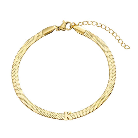Tarnish Resistant 18k Gold Plated Initial Herringbone Chain Bracelet