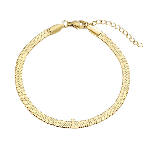 Tarnish Resistant 18k Gold Plated Initial Herringbone Chain Bracelet