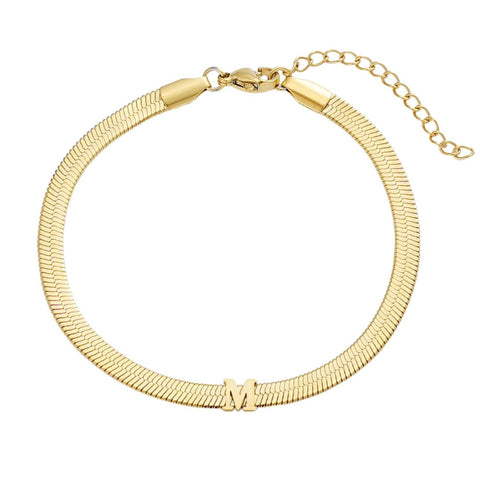 Tarnish Resistant 18k Gold Plated Initial Herringbone Chain Bracelet