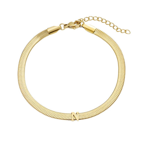 Tarnish Resistant 18k Gold Plated Initial Herringbone Chain Bracelet