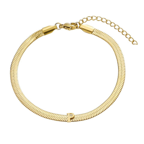 Tarnish Resistant 18k Gold Plated Initial Herringbone Chain Bracelet