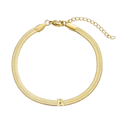 Tarnish Resistant 18k Gold Plated Initial Herringbone Chain Bracelet
