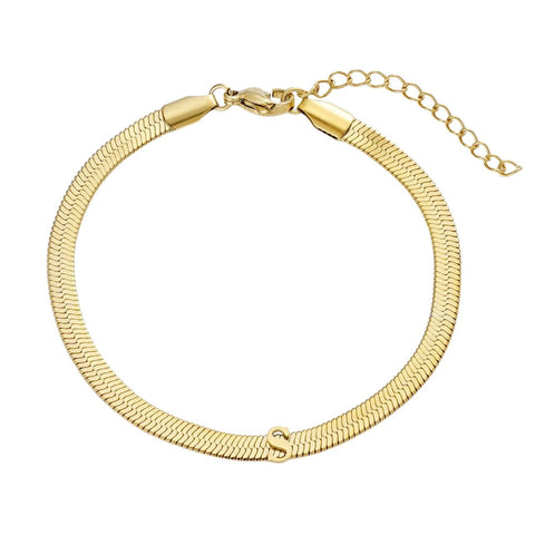 Tarnish Resistant 18k Gold Plated Initial Herringbone Chain Bracelet