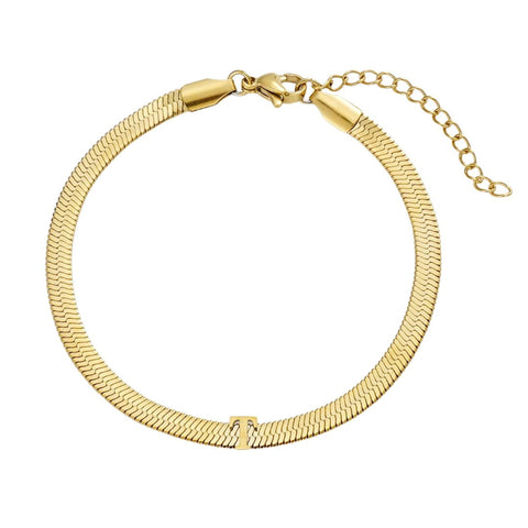 Tarnish Resistant 18k Gold Plated Initial Herringbone Chain Bracelet
