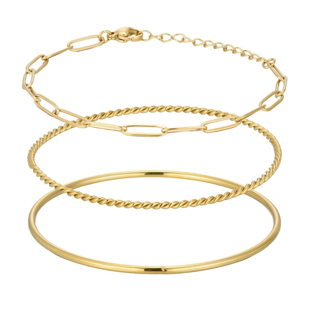Tarnish Resistant 18k Gold Plated Set of 2 Bangles and Paperclip Chain Bracelets