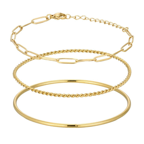 Tarnish Resistant 18k Gold Plated Set of 2 Bangles and Paperclip Chain Bracelets