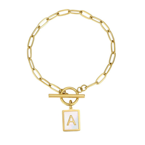 Tarnish Resistant 18k Gold Plated Mother-of-Pearl Initial Toggle Bracelet