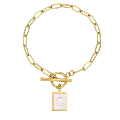 Tarnish Resistant 18k Gold Plated Mother-of-Pearl Initial Toggle Bracelet
