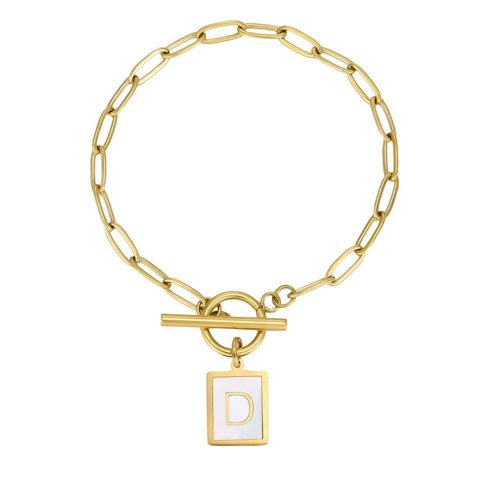 Tarnish Resistant 18k Gold Plated Mother-of-Pearl Initial Toggle Bracelet