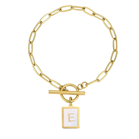 Tarnish Resistant 18k Gold Plated Mother-of-Pearl Initial Toggle Bracelet