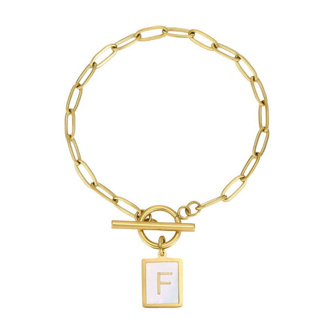 Tarnish Resistant 18k Gold Plated Mother-of-Pearl Initial Toggle Bracelet