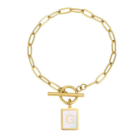 Tarnish Resistant 18k Gold Plated Mother-of-Pearl Initial Toggle Bracelet