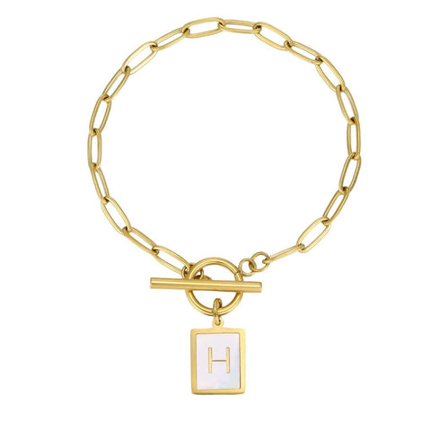 Tarnish Resistant 18k Gold Plated Mother-of-Pearl Initial Toggle Bracelet