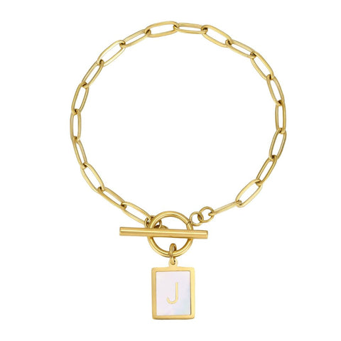 Tarnish Resistant 18k Gold Plated Mother-of-Pearl Initial Toggle Bracelet