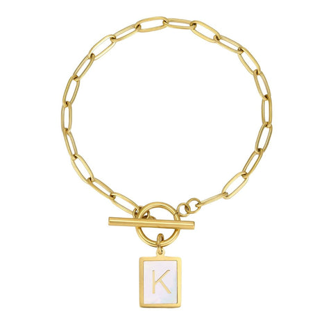 Tarnish Resistant 18k Gold Plated Mother-of-Pearl Initial Toggle Bracelet