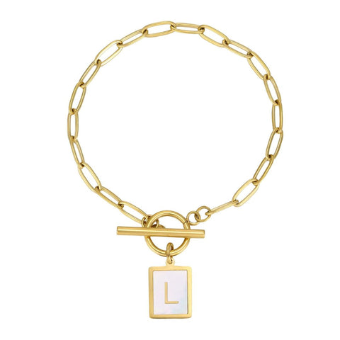 Tarnish Resistant 18k Gold Plated Mother-of-Pearl Initial Toggle Bracelet