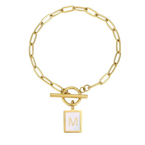 Tarnish Resistant 18k Gold Plated Mother-of-Pearl Initial Toggle Bracelet