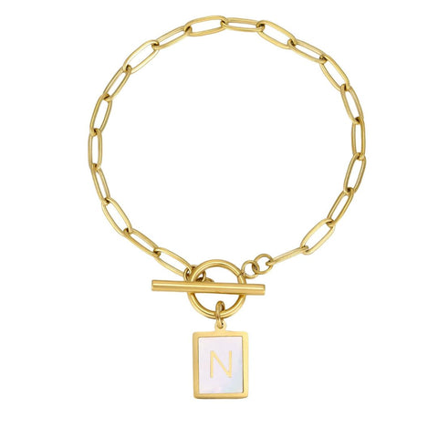 Tarnish Resistant 18k Gold Plated Mother-of-Pearl Initial Toggle Bracelet