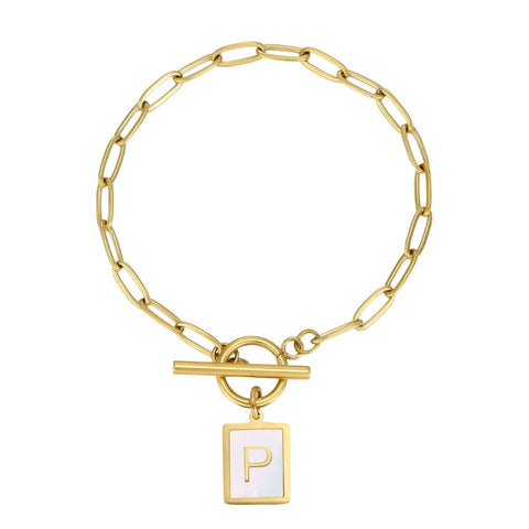 Tarnish Resistant 18k Gold Plated Mother-of-Pearl Initial Toggle Bracelet