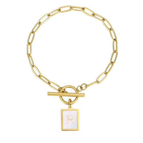 Tarnish Resistant 18k Gold Plated Mother-of-Pearl Initial Toggle Bracelet