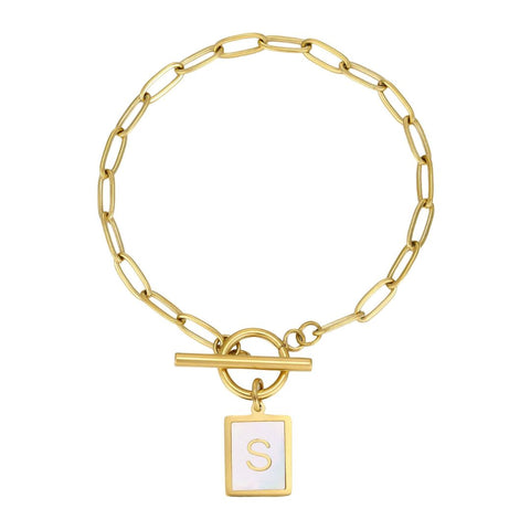 Tarnish Resistant 18k Gold Plated Mother-of-Pearl Initial Toggle Bracelet
