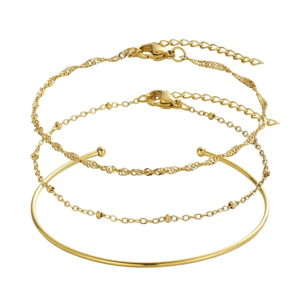 Tarnish Resistant 18k Gold Plated Set of 1 Cuff and 2 Chain Bracelets